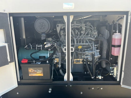 Side panel open, exposing the generator and motor. Showing the inner part of the chabinet.