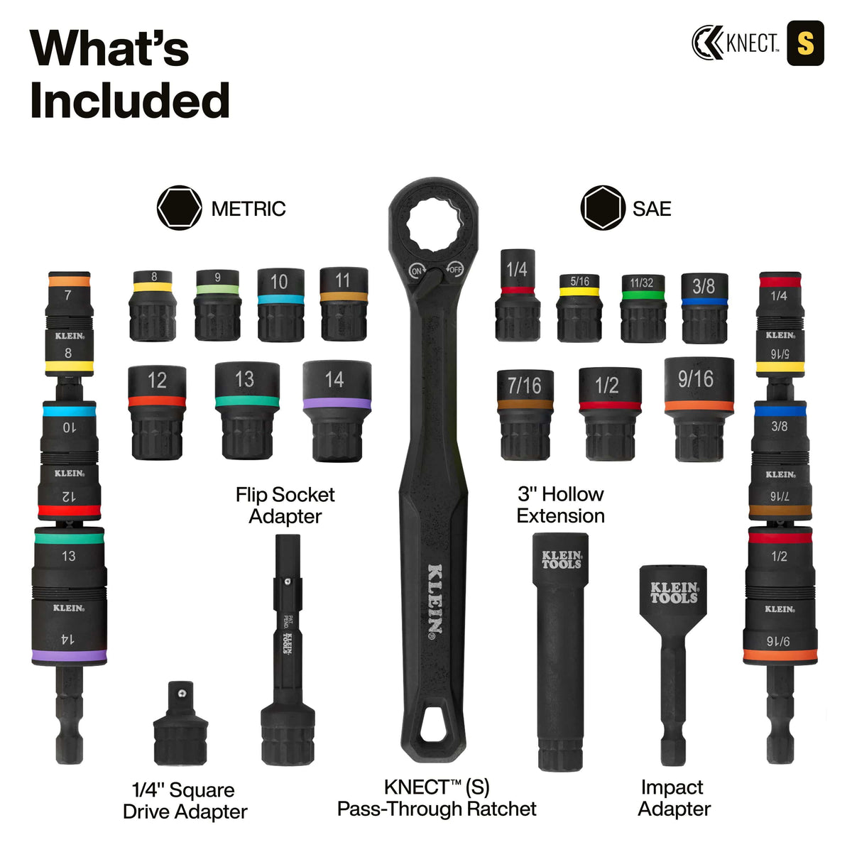Klein Nect S socket set included accessories on a white background, featuring a black Knect pass-through ratchet, various metric and SAE socket bits, adapters, and extensions with labeled color-coded sections.