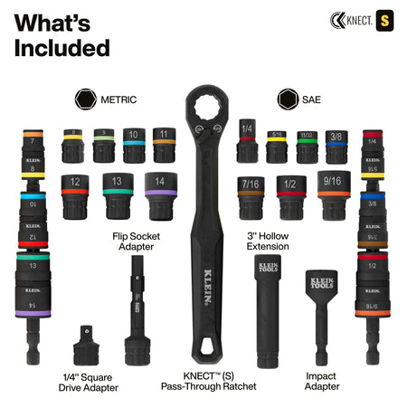 Klein Nect S socket set included accessories on a white background, featuring a black Knect pass-through ratchet, various metric and SAE socket bits, adapters, and extensions with labeled color-coded sections.