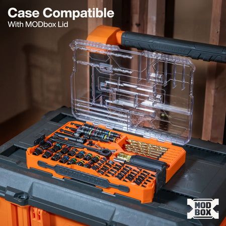 An open orange and black MODbox drill bit set displayed on top of a storage case, with the clear lid propped open. Text at the top reads 'Case Compatible With MODbox Lid', and a MODbox logo appears in the bottom right corner.