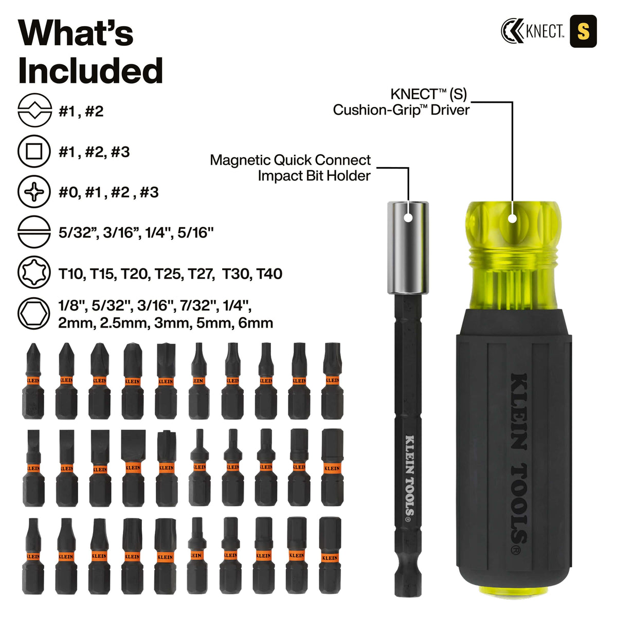 Klein Tools KNECT S impact driver bit set with included accessories and a dimension callout diagram on a white background.