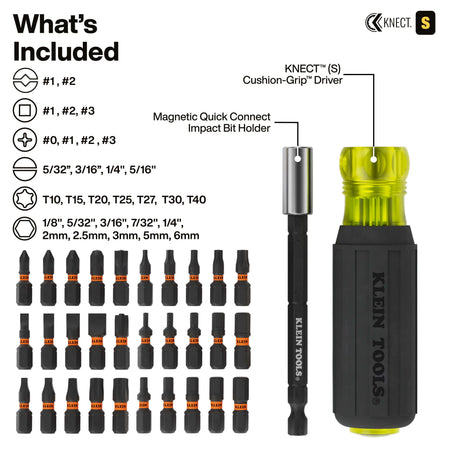 Klein Tools KNECT S impact driver bit set with included accessories and a dimension callout diagram on a white background.