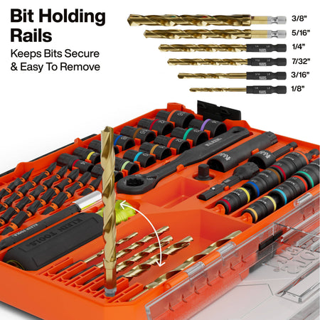 A 100-piece drill bit set in an orange plastic case, featuring gold-colored drill bits, black sockets, and colored bits. The image includes a graphic showing a drill bit secured in a black rail and a size reference chart on a white background.