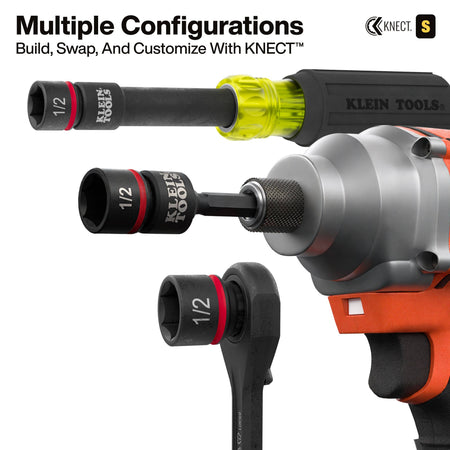 KLEIN TOOLS KNECT impact driver bit set shown with multiple configurations, including a 1/2-inch socket, a 1/4-inch socket, and a flat bit, attached to a cordless impact driver on a white background.