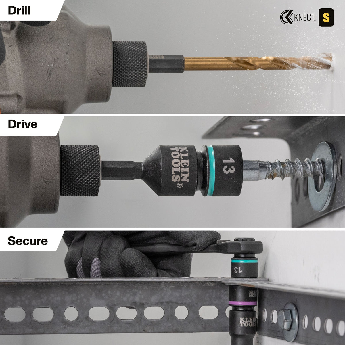 Three-panel product demonstration showing a Knect K13 drive bit adapter: drilling with a drill bit, driving a screw, and securing a metal bracket with a gloved hand. The adapter is black with white branding and a teal accent ring.
