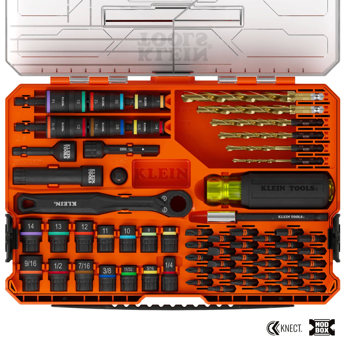 Klein Tools 1/4 inch cordless drill bit set in an orange plastic case, featuring various drill bits, sockets, a ratchet, and a black Klein Tools hand tool, shown open against a white background.