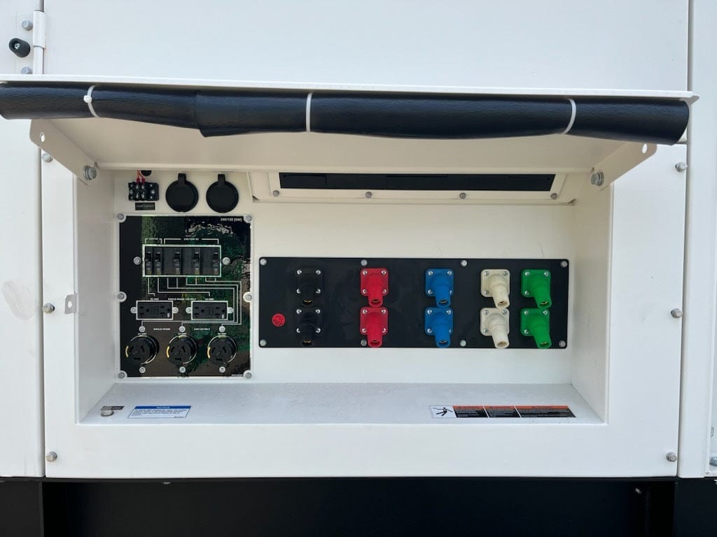 A view of the power output connections on the MQ Power generator. It shows a panel with multiple outlets of different types and colors, along with circuit breakers and wiring diagrams, all housed within a white enclosure.