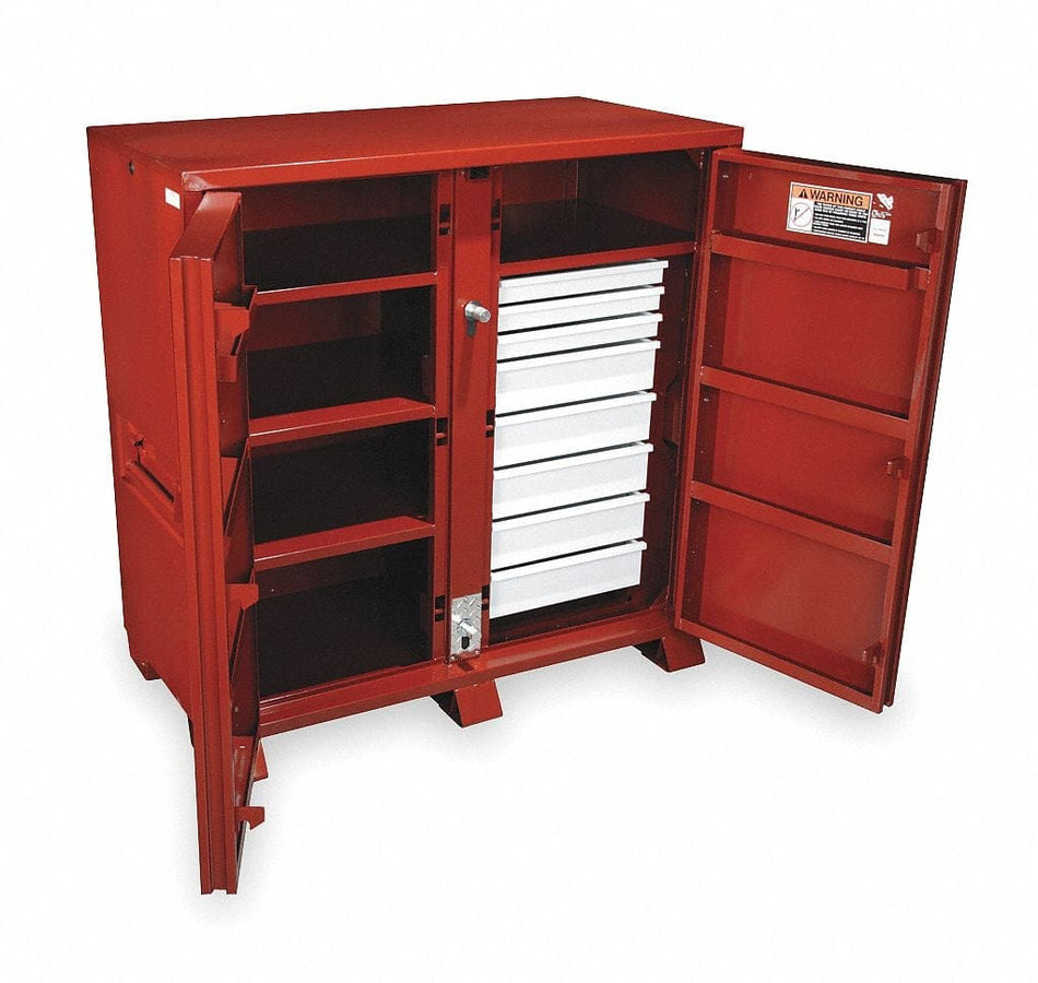 Full open view of the red Jobox cabinet featuring open shelving on the left side and a bank of white pull-out drawers on the right.