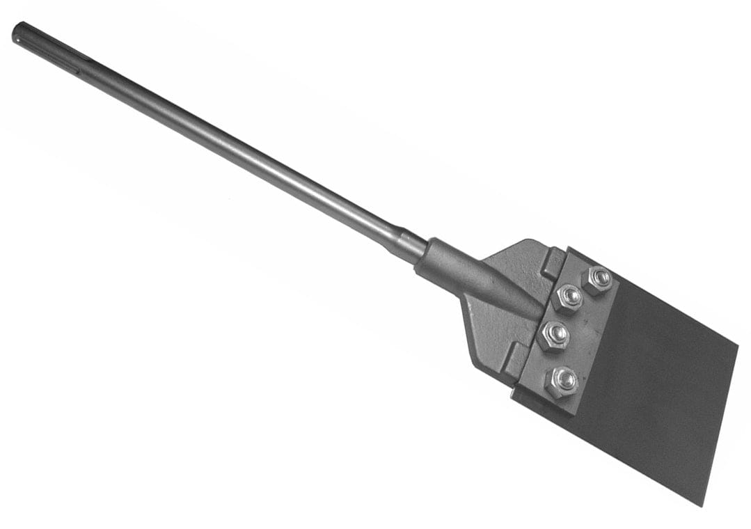 This is a horizontal image of a heavy-duty chipping or scraping tool, appearing in shades of gray. It features a long, cylindrical shaft on the left that connects to a wider, dark gray flat blade on the right, which is securely attached by three prominent nuts and bolts.