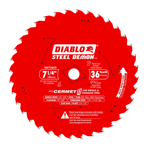 A red circular saw blade with white text and graphics, branded DIABLO STEEL DEMON, shown on a plain white background.
