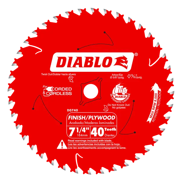 Red circular saw blade with Diablo branding on a white background