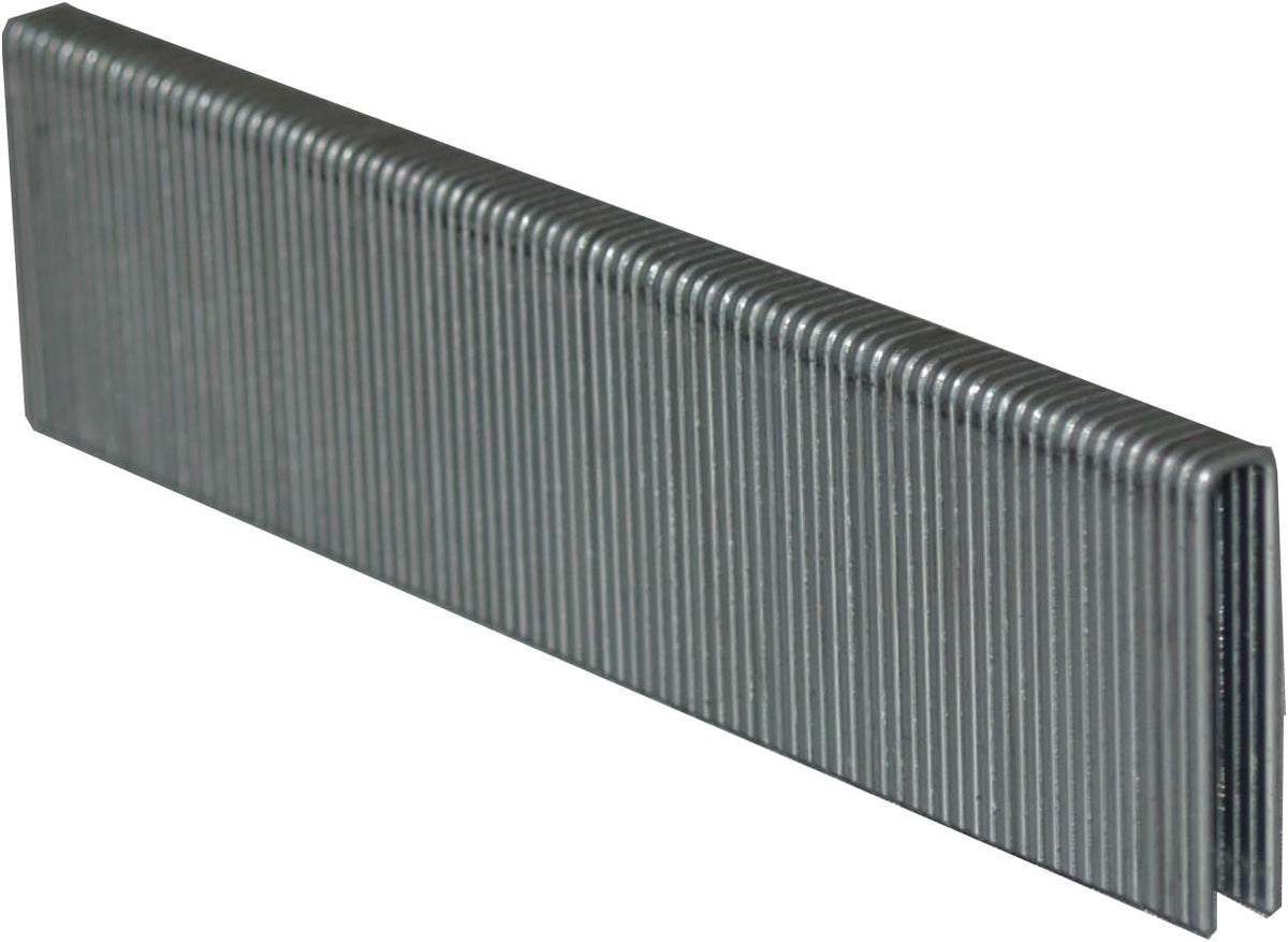 This is a strip of connected, silver-colored staples. The staples are oriented with their points facing downwards and are held together by a thin adhesive strip along their tops.