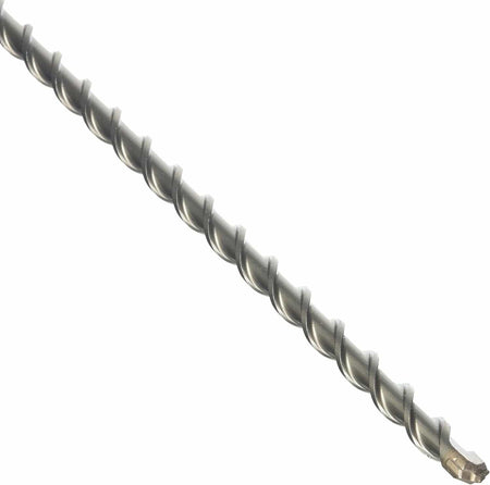 This is a close-up, diagonal view of a long, metallic gray drill bit. It features a continuous spiral flute running along its entire visible length, ending in a slightly wider, blunter cutting tip on the bottom right, typical of a masonry drill bit.
