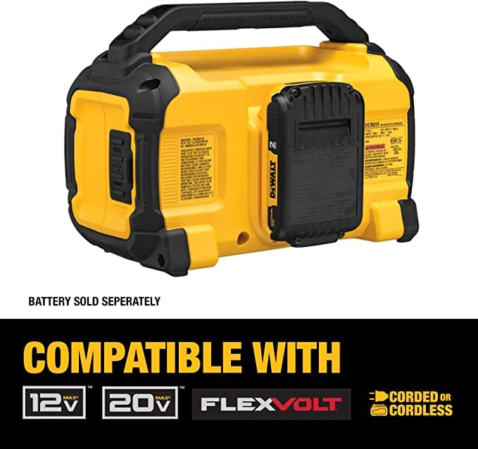 Compatability: 12v , 20v , flexvolt, corded or cordless. The image shows a yellow and black Dewalt radio with a black carrying handle on top. A black Dewalt battery pack is inserted into the back of the radio.