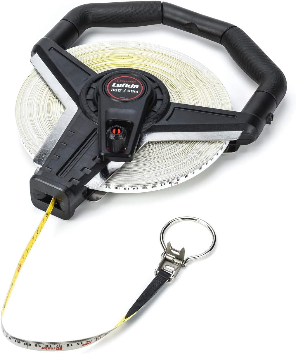 The image shows a Crescent Lufkin 300-foot fiberglass tape measure partially unspooled from its black and silver reel with a black handle. The yellow tape measure extends downwards, showing measurement markings in feet and inches, and has a metal ring attached to its end.