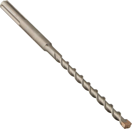 This is a full, eye-level shot of a long, metallic gray drill bit, angled diagonally from the top left to the bottom right against a plain white background. The top third of the bit has a smooth, cylindrical shank with flattened sides for attachment, while the remaining two-thirds feature a distinct spiral fluting that leads down to a pointed, chiselled tip.