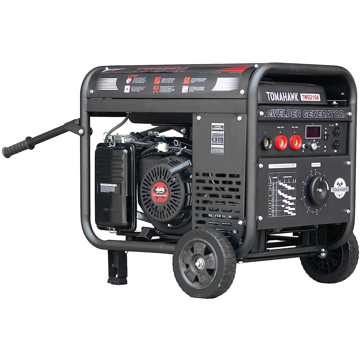 Tomahawk Power 2000 Watt Generator with a 210 Amp Stick and TIG Welder. You can see the "Tomahawk" branding and the various outlets and controls for both generating power and welding. It's a portable unit with wheels and a handle. Given that you're in Tomball, Texas, this could be a handy machine for various jobs. What are you interested in knowing about it?