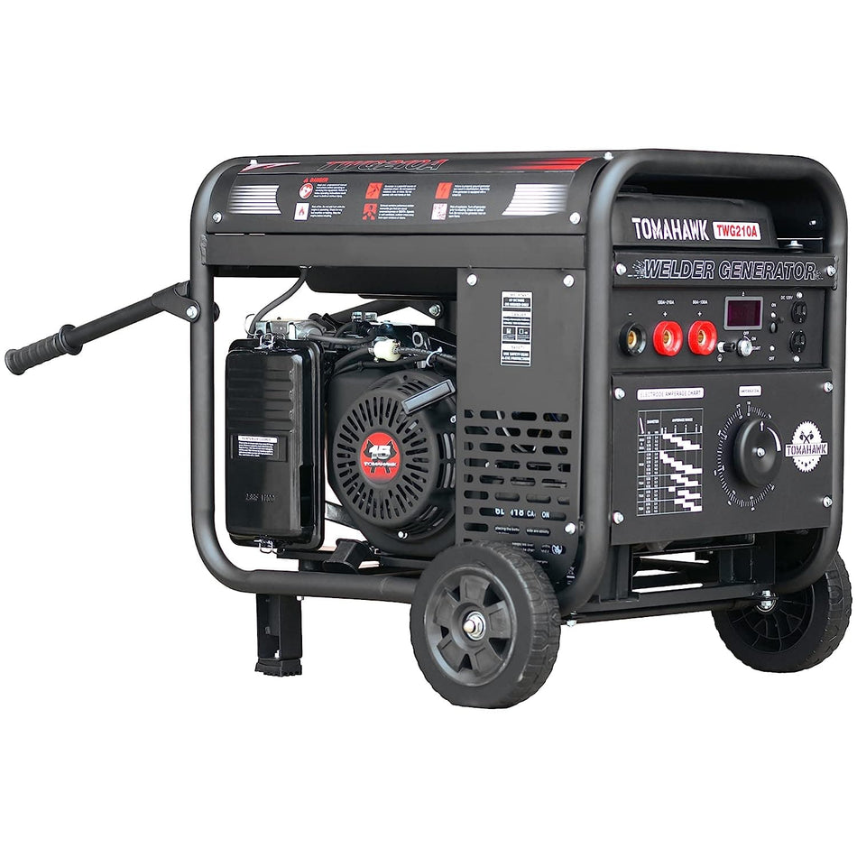 Tomahawk Power 2000 Watt Generator with a 210 Amp Stick and TIG Welder. You can see the "Tomahawk" branding and the various outlets and controls for both generating power and welding. It's a portable unit with wheels and a handle. Given that you're in Tomball, Texas, this could be a handy machine for various jobs. What are you interested in knowing about it?