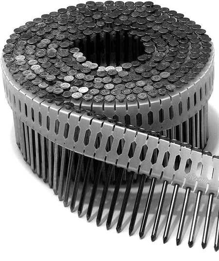 This image shows a large coil of nails, likely for a nail gun, presented in black and white. The nails are collated together by a light-colored, perforated plastic strip, with a long section of this strip and its attached nails extending out from the main coil.