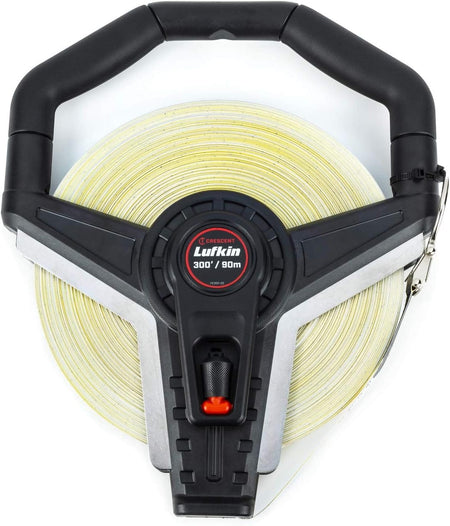 The image shows a top-down view of a yellow Crescent Lufkin 300-foot long tape measure wound onto a black and silver reel with a black handle. The center of the reel displays the Crescent Lufkin logo and the measurement "300'/90m".