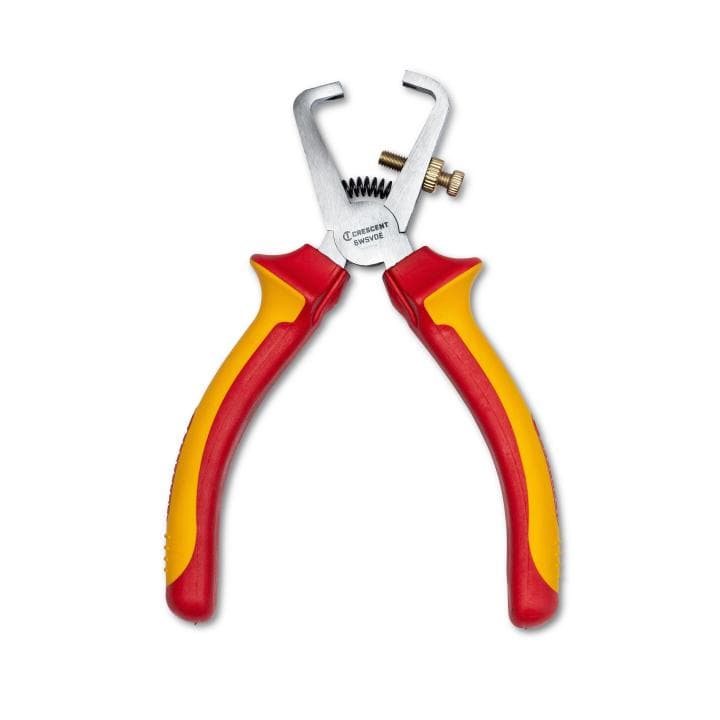 This is a picture of a tool used for stripping insulation from wires. It has silver cutting blades with a hook shape, a brass adjustment screw, and handles made of red and yellow plastic. The brand name "Crescent" is raised on the tool's head.