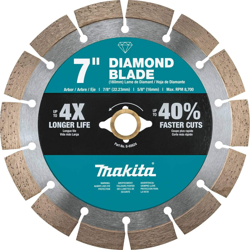 This is a close-up shot of a 7-inch Makita diamond blade, designed for cutting materials like concrete and masonry. The circular blade has a teal center with the white "Makita" logo and segmented diamond-coated edges for efficient cutting.