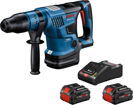 The image shows a Bosch GBH18V-36C cordless SDS-Plus rotary hammer drill along with its accessories. The blue and black drill has a black chuck, a black auxiliary handle, a red trigger, and is accompanied by a black battery charger and two black and red CORE18V batteries.