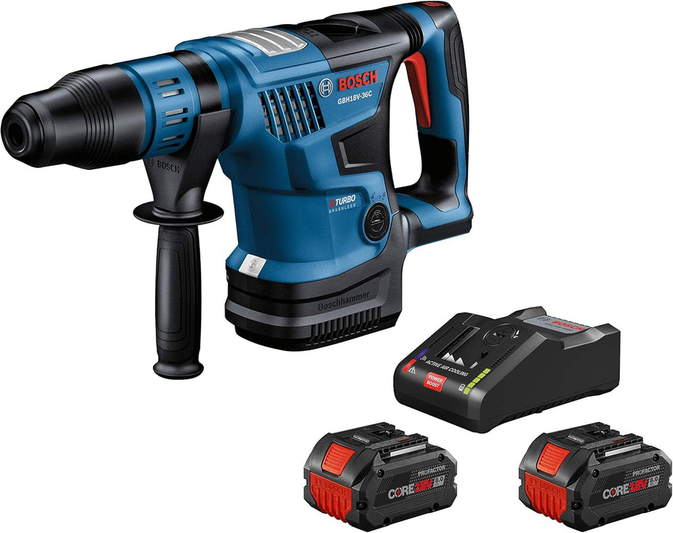 The image shows a Bosch GBH18V-36C cordless SDS-Plus rotary hammer drill along with its accessories. The blue and black drill has a black chuck, a black auxiliary handle, a red trigger, and is accompanied by a black battery charger and two black and red CORE18V batteries.