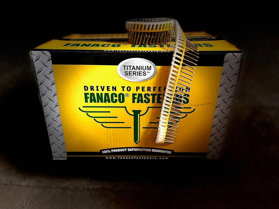 The image shows a yellow and black box of Fanaco Titanium Series collated nails. A curved strip of the silver nails, held together by a white plastic strip, is partially extending out of the box.The image shows a yellow and black box of Fanaco Titanium Series collated nails. A curved strip of the silver nails, held together by a white plastic strip, is partially extending out of the box.