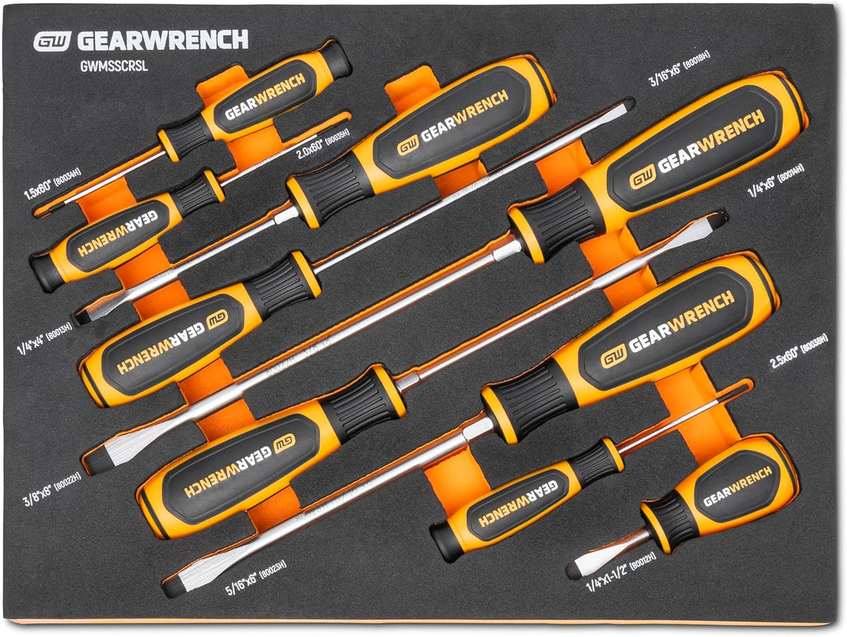 This image displays a set of ten screwdrivers neatly organized in a form-fitting tray. The tools feature ergonomic orange and black handles of various sizes and include both flat-head and Phillips-head tips for different screw types.