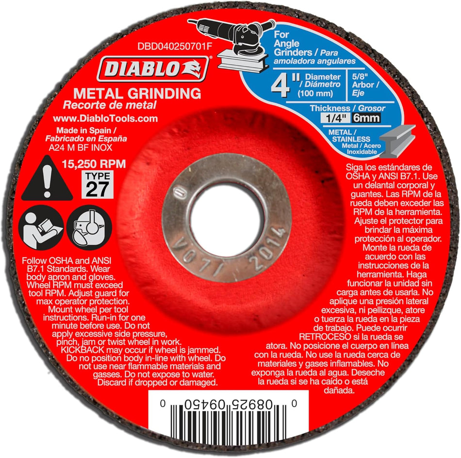 The image shows a red Diablo 4-inch metal grinding wheel. The wheel has safety warnings and specifications printed on its surface, including a maximum speed of 15,250 RPM and its suitability for use on metal and stainless steel.