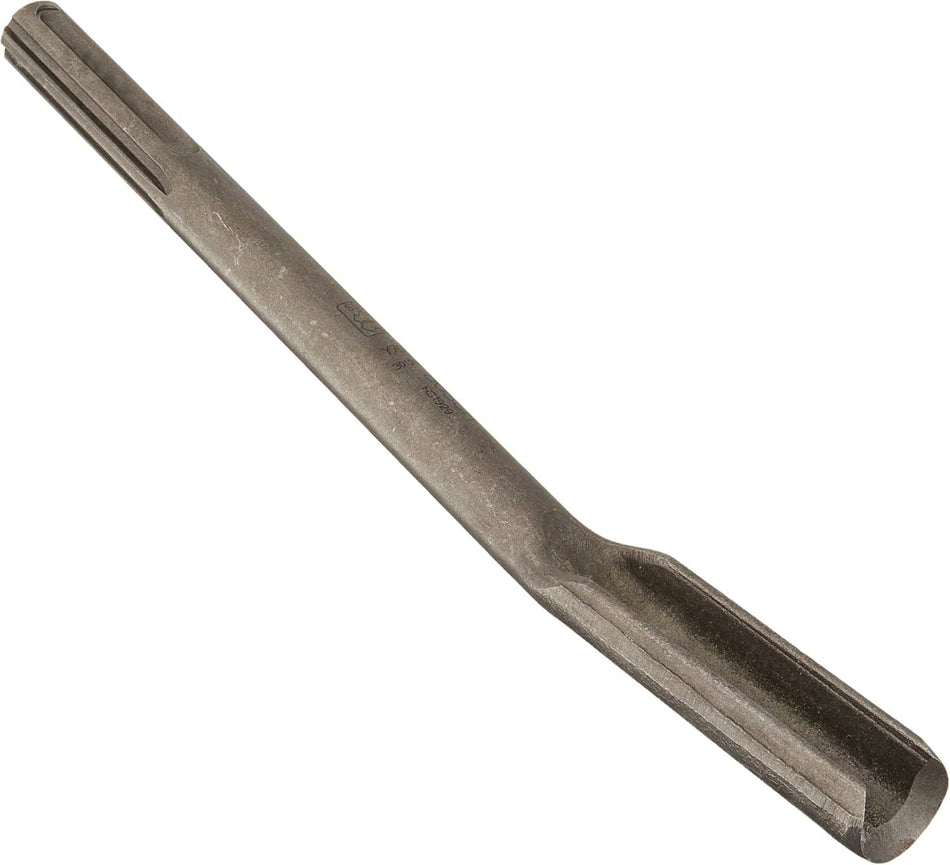 This is a close-up, eye-level shot of a long, solid gray chisel bit, angled diagonally from the top left to the bottom right against a plain white background. The top part of the bit is a smooth, cylindrical shaft with flattened sides, which then transitions into a wider, flattened chisel-like head at the bottom.
