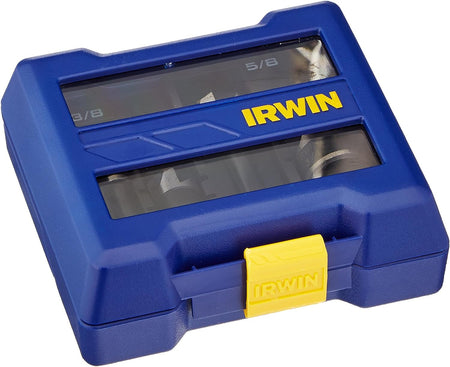 Imagine a small, sturdy rectangular box made of plastic with a bright yellow clip to keep it shut. The top of the box has smooth, raised lettering that spells out the name of the tool brand.