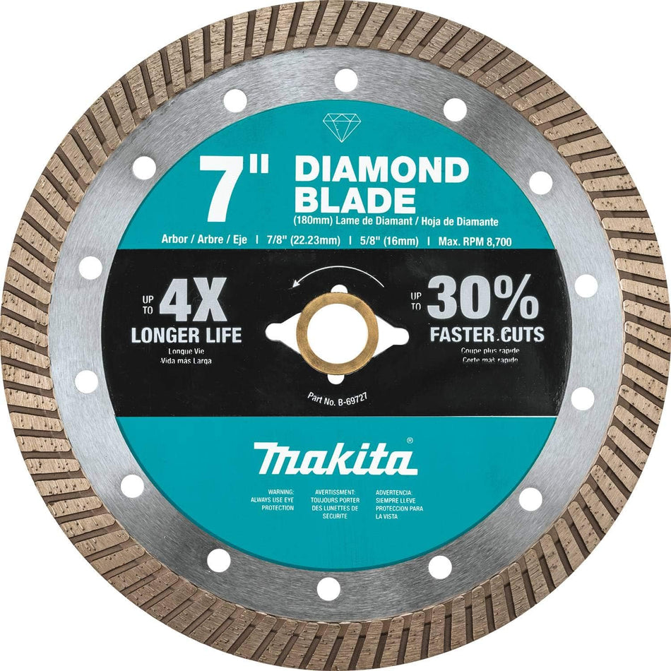This is an image of a 7-inch Makita diamond blade designed for cutting. The circular blade has a segmented diamond rim and features product specifications and the Makita logo printed on its central teal and black area.