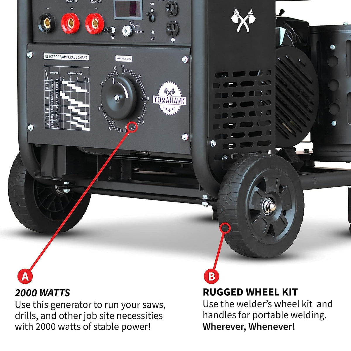 Highlights two key features of the Tomahawk Power 2000 Watt Generator with a 210 Amp Stick and TIG Welder.
A points to the control panel and indicates that this unit provides 2000 Watts of power, enough to run various job site tools like saws and drills.

B focuses on the rugged wheel kit, emphasizing the portability of the welder/generator, allowing it to be moved easily for welding wherever needed.
Given that you're in Tomball, Texas, these features would be quite beneficial for on-site work requiring b