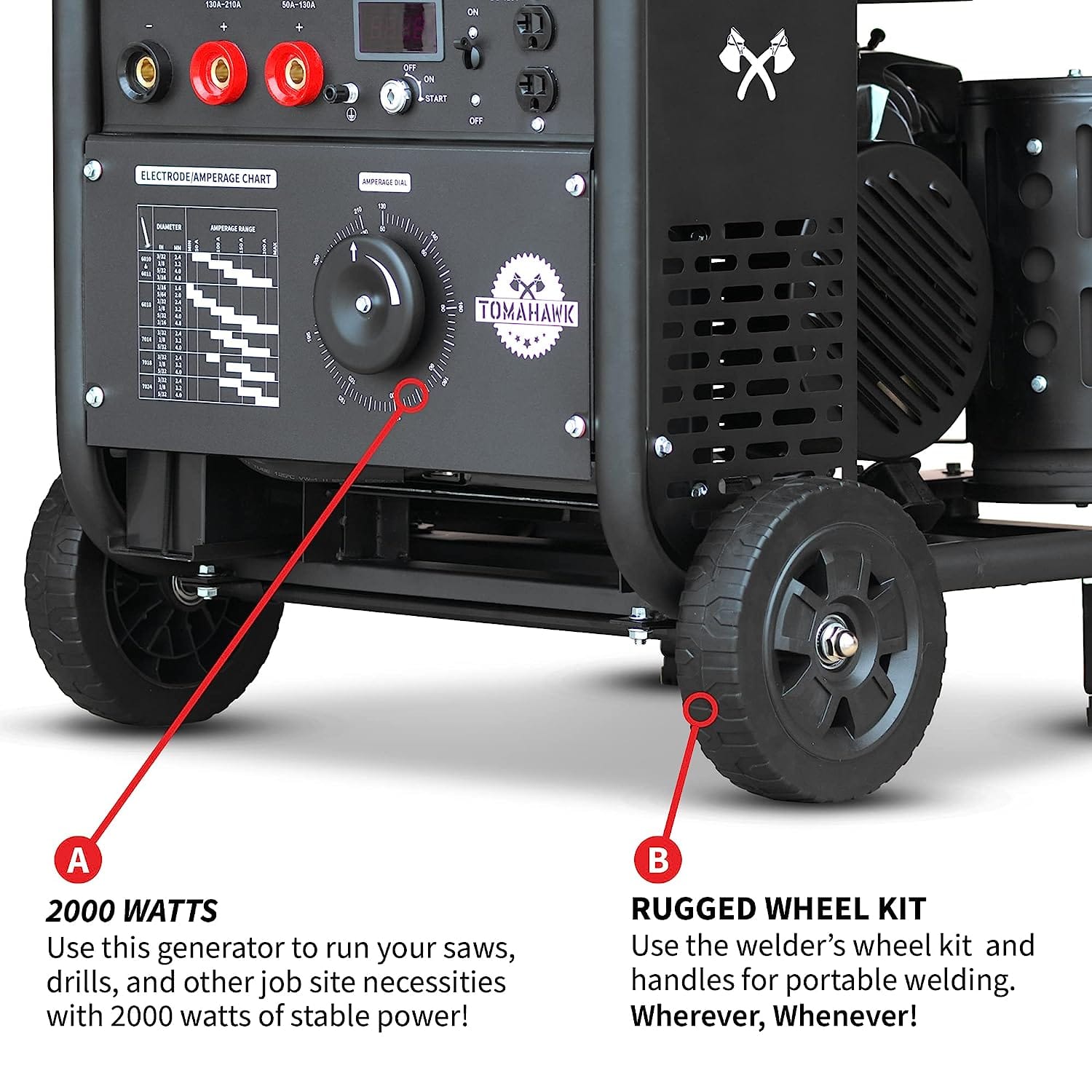 Highlights two key features of the Tomahawk Power 2000 Watt Generator with a 210 Amp Stick and TIG Welder.
A points to the control panel and indicates that this unit provides 2000 Watts of power, enough to run various job site tools like saws and drills.

B focuses on the rugged wheel kit, emphasizing the portability of the welder/generator, allowing it to be moved easily for welding wherever needed.
Given that you're in Tomball, Texas, these features would be quite beneficial for on-site work requiring b