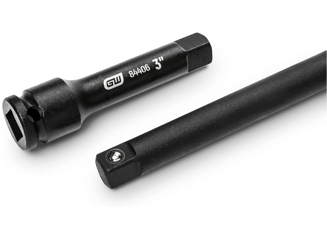 A close-up view of the GEARWRENCH 3/8" drive 3-inch impact extension (84406), highlighting its male and female drive ends and black oxide finish.