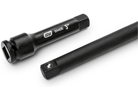 A close-up view of the GEARWRENCH 3/8" drive 3-inch impact extension (84406), highlighting its male and female drive ends and black oxide finish.