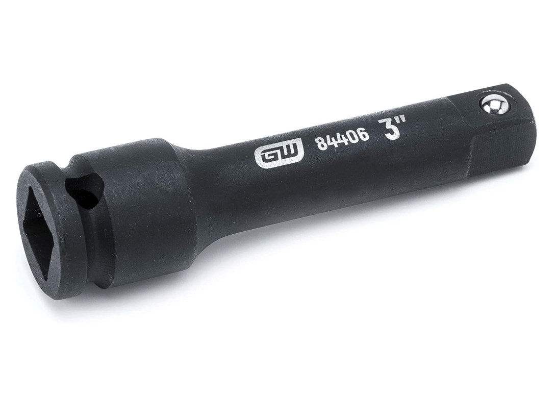 An isolated shot of the GEARWRENCH 3/8" drive 3-inch impact extension (84406) on a white background, showing its full length and markings.