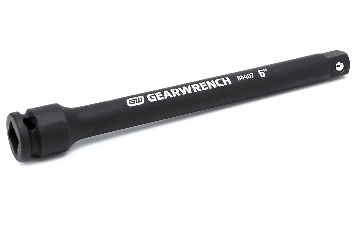 An isolated shot of the GEARWRENCH 3/8" drive 6-inch impact extension (84407) on a white background, showing its full length and markings.
