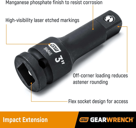 A close-up image of a GEARWRENCH 3-inch impact socket (84645), with callouts pointing to "Manganese phosphate finish to resist corrosion," "High-visibility laser etched markings," "Off-corner loading reduces fastener rounding," and "Flex socket design for access," all on an orange and black background.