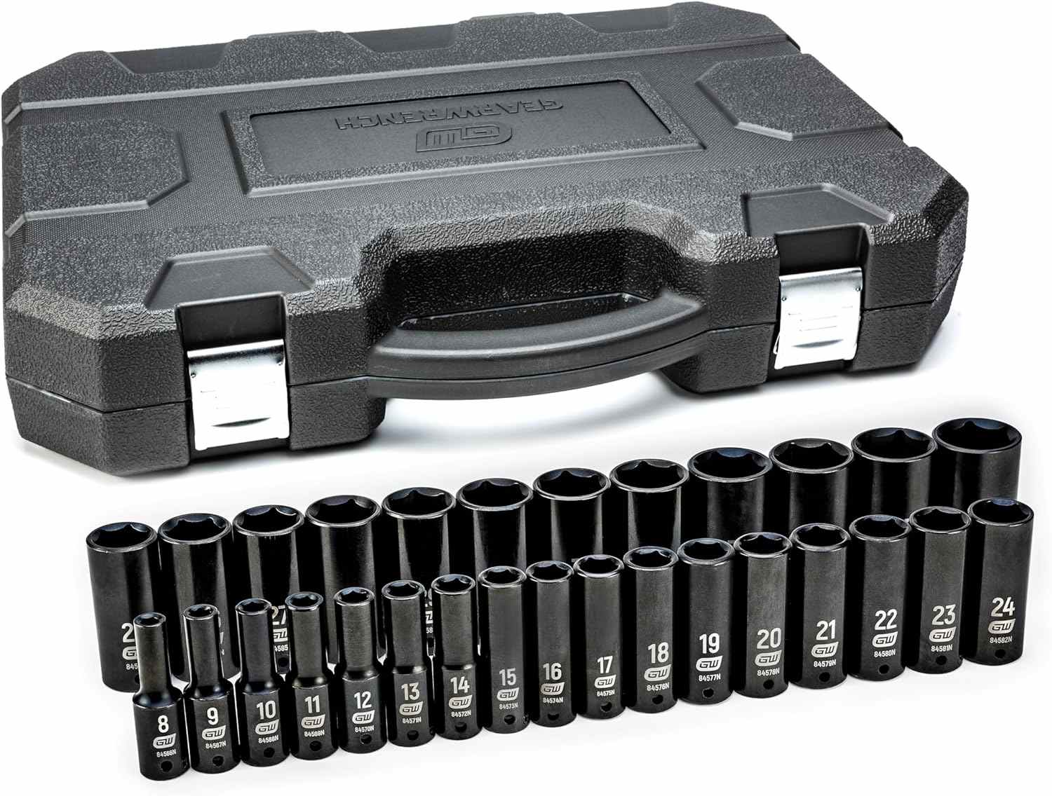 The complete GEARWRENCH 29-piece 1/2-inch drive deep impact metric socket set, with all 29 sockets arranged in two rows in front of the closed black blow-molded case.