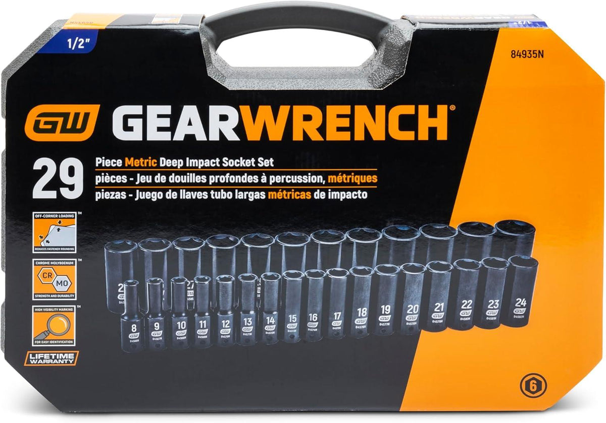 The front of the GEARWRENCH 84935N product packaging, showing the 29-piece metric deep impact socket set and its black carrying case.