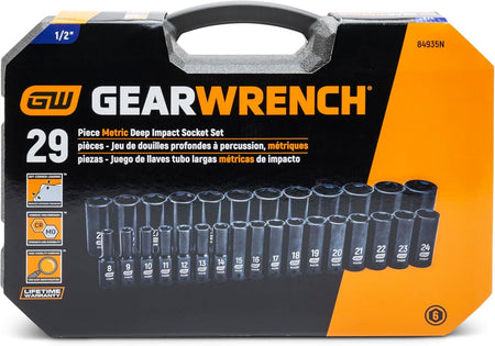 The front of the GEARWRENCH 84935N product packaging, showing the 29-piece metric deep impact socket set and its black carrying case.