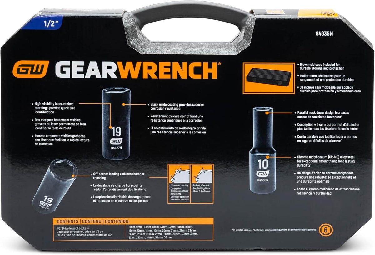 The back of the GEARWRENCH 84935N product packaging, detailing key features like "Off-corner loading" and "Black oxide coating," and listing all 29 metric socket sizes included.