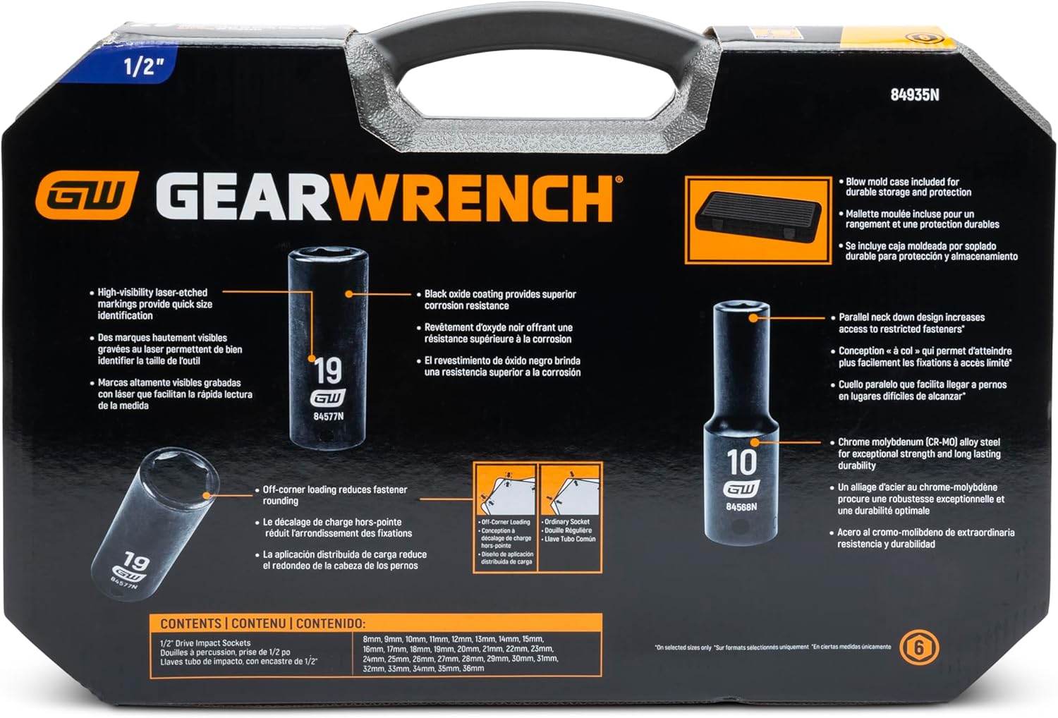 The back of the GEARWRENCH 84935N product packaging, detailing key features like "Off-corner loading" and "Black oxide coating," and listing all 29 metric socket sizes included.