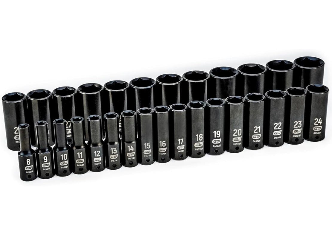 The full set of 29 GEARWRENCH 1/2-inch drive 6-point deep impact metric sockets, ranging from 8mm to 36mm, arranged in two rows on a white background.