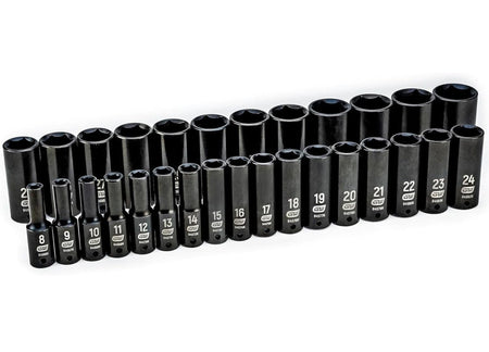 The full set of 29 GEARWRENCH 1/2-inch drive 6-point deep impact metric sockets, ranging from 8mm to 36mm, arranged in two rows on a white background.