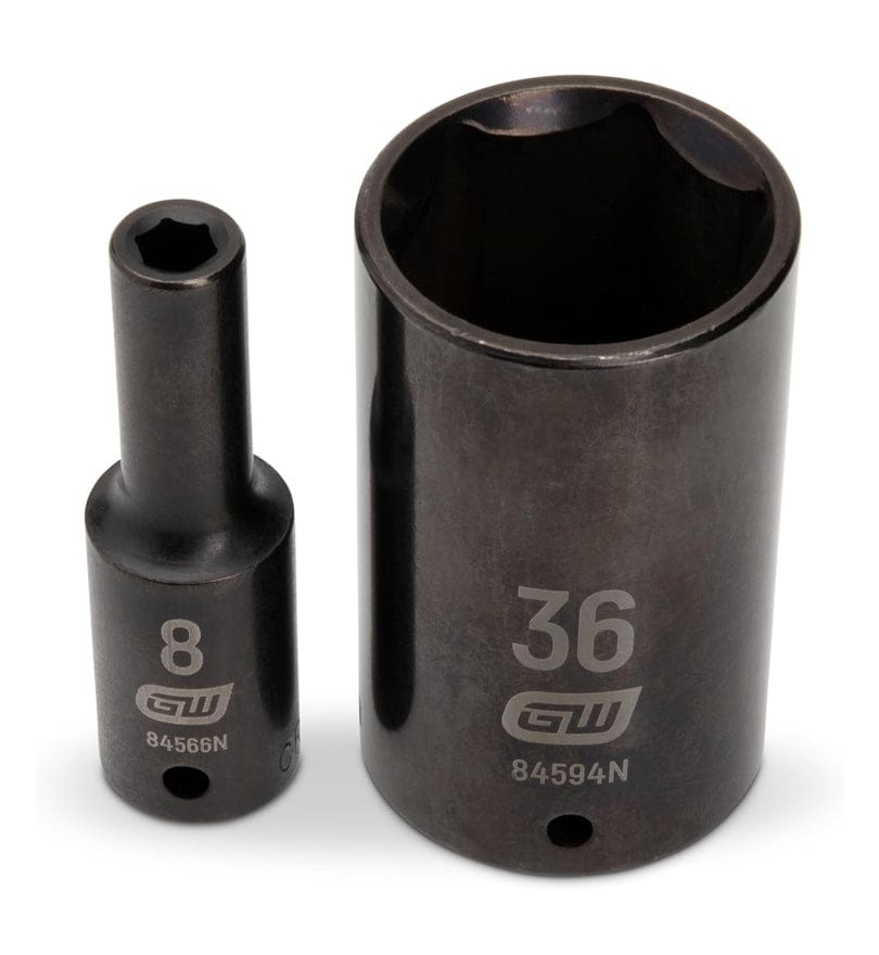 A size comparison showing the smallest (8mm, model 84566N) and largest (36mm, model 84594N) deep impact sockets from the 84935N set.