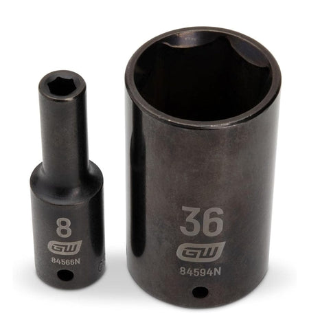 A size comparison showing the smallest (8mm, model 84566N) and largest (36mm, model 84594N) deep impact sockets from the 84935N set.